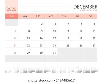 Calendar 2025 year template, December 2025 design, Planner simple, Desk calendar 2025 design, Week Starts on Sunday, Wall calendar design, printing media, advertisement, office organizer, vector
