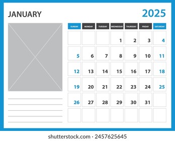 calendar 2025 year template - January 2025 year, Week Starts on Sunday, Desk calendar 2025 design, Wall calendar, planner design, stationery, printing media, Blue background, vector