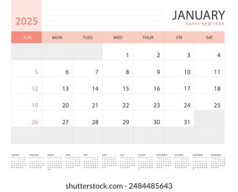 Calendar 2025 year template, January 2025 design, Planner simple, Desk calendar 2025 design, Week Starts on Sunday, Wall calendar design, printing media, advertisement, office organizer, vector
