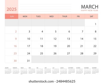 Calendar 2025 year template, March 2025 design, Planner simple, Desk calendar 2025 design, Week Starts on Sunday, Wall calendar design, printing media, advertisement, office organizer, vector

