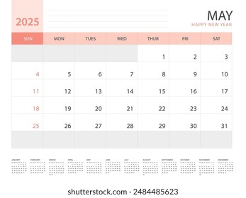 Calendar 2025 year template, May 2025 design, Planner simple, Desk calendar 2025 design, Week Starts on Sunday, Wall calendar design, printing media, advertisement, office organizer, vector
