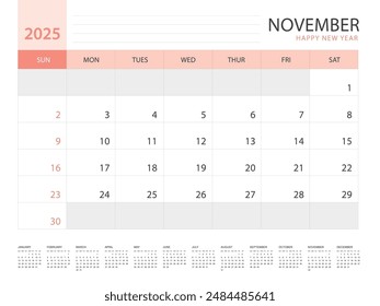 Calendar 2025 year template, November 2025 design, Planner simple, Desk calendar 2025 design, Week Starts on Sunday, Wall calendar design, printing media, advertisement, office organizer, vector
