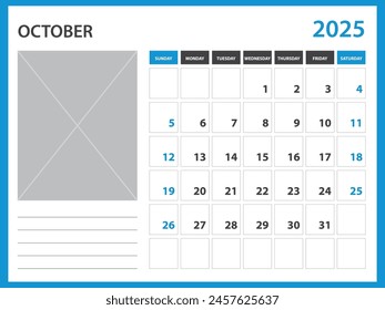 calendar 2025 year template - October 2025 year, Week Starts on Sunday, Desk calendar 2025 design, Wall calendar, planner design, stationery, printing media, Blue background, vector
