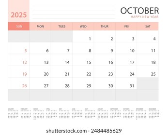 Calendar 2025 year template, October 2025 design, Planner simple, Desk calendar 2025 design, Week Starts on Sunday, Wall calendar design, printing media, advertisement, office organizer, vector
