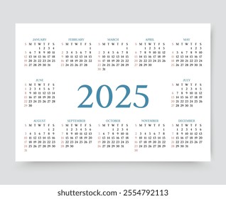 Calendar for 2025 year. Template of pocket or wall calenders. Week starts Sunday. Yearly grid with 12 month. Organizer layout. Desk planner. Landscape orientation in English, A4. Vector illustration