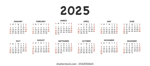 Calendar 2025 year. Template schedule month, week, day. Office event planner.