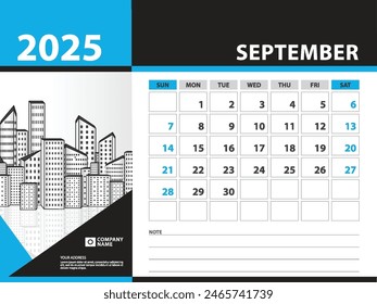 calendar 2025 year template - September 2025 year, Week Starts on Sunday, Desk calendar 2025 design, Wall calendar, planner design, stationery, printing media, Blue background, vector