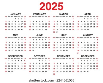 Calendar 2025 year vector illustration, Set of 12 calendar, week starts on Sunday, Simple planner template, desk calendar 2025 year, wall calendar 2025 template, print media, corporate template