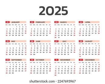 Ilustración vectorial de calendario 2025 años, Conjunto de 12 meses, semana comienza el domingo, plantilla de planificador simple, año calendario de escritorio, plantilla de calendario de pared 2025, medios de impresión, vector de plantilla de negocio
