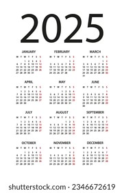 Calendar 2025 year - vector illustration. Week starts on Monday. Calendar Set for 2025 year