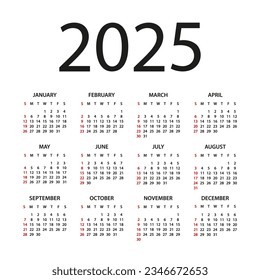 Calendar 2025 year - vector illustration. Week starts on Sunday. Calendar Set for 2025 year