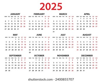 Calendar 2025 year vector illustration, Set of 12 calendar, week starts on Monday, Simple planner template, desk calendar 2025 year, wall calendar 2025 template, print media, corporate template