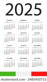 Calendar 2025 year - vector illustration. Italian version