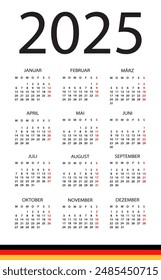 Calendar 2025 year - vector illustration. Gerrman version