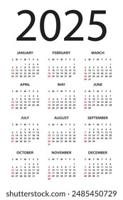 Calendar 2025 year - vector illustration. Week starts on Sunday