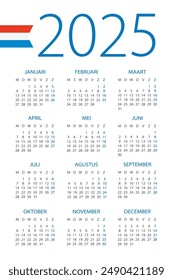 Calendario 2025 año - Ilustración vectorial. Versión en neerlandés