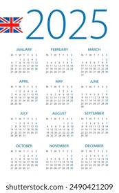 Calendario 2025 año - Ilustración vectorial. Versión en inglés. La semana comienza el lunes