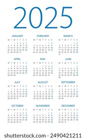 Calendar 2025 year - vector illustration. Week starts on Monday