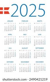 Calendar 2025 year - vector illustration. Danish version