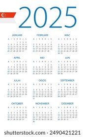 Calendar 2025 year - vector illustration. Singaporean version