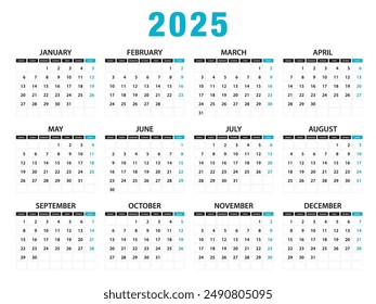 Calendar 2025 year vector illustration, Set of 12 calendar, week starts on Sunday, Simple planner template, desk calendar 2025 year, wall calendar 2025 template, print media, Business template