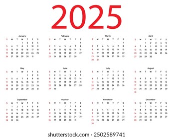 Calendar 2025 year. Vector illustration. Simple template
