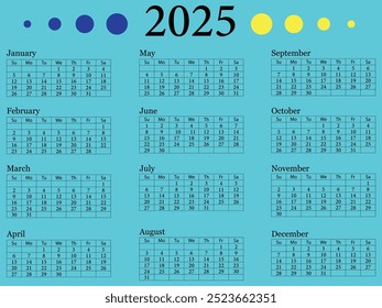 Calendar 2025 year vector illustration. Monthly Calendar. Daily Planner. Wall calendar 2025 template, print media