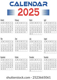 Calendar 2025 year vector illustration. Monthly Calendar. Daily Planner. Wall calendar 2025 template, print media. Stylish design 