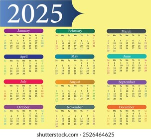 Calendar 2025 year vector illustration. Monthly Calendar. Daily Planner. Wall calendar 2025 template