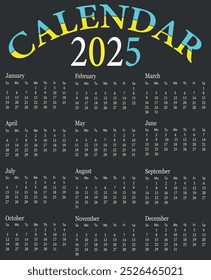 Calendar 2025 year vector illustration. Monthly Calendar. Daily Planner