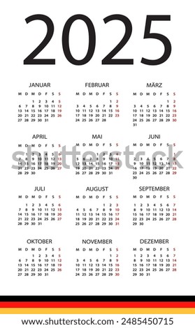 Calendar 2025 year - vector illustration. Gerrman version