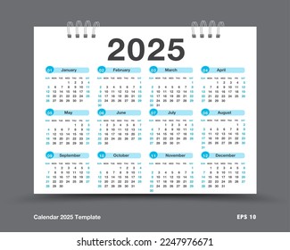 Calendar 2025 year vector, Set of 12 months, week starts on Sunday, Simple planner template, desk calendar year, wall calendar 2025 template, print media