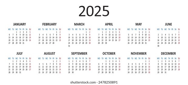 Calendar 2025 year. Week starts on Monday. Vector illustration