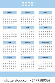 Calendar 2025 year. Week starts on SUNDAY. Vector illustration
