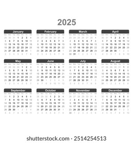 calendar 2025 year week starts Sunday vertical template in simple minimal design vector illustration with white background