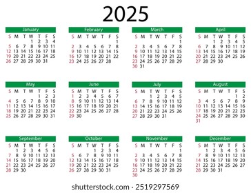 Calendar 2025 year. The week starts on Sunday.
