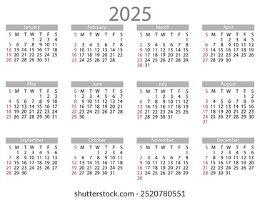 Calendar 2025 year. The week starts on Sunday.