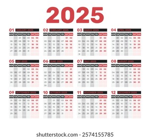 Calendar 2025 Year Week starts on Sunday. Corporate and business calendar. 2025 calendar in minimal style Planner diary in minimalist style. Calendar Set for 2025 year. 