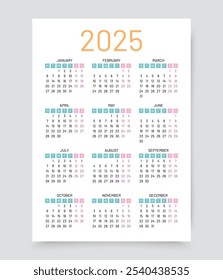 Calendario 2025 año. Plantilla anual del calendario. La semana comienza el lunes. Organizador de bolsillo con 12 meses en inglés. Diseño del programador en diseño de color mínimo. Ilustración vectorial. Orientación de retrato, A4.