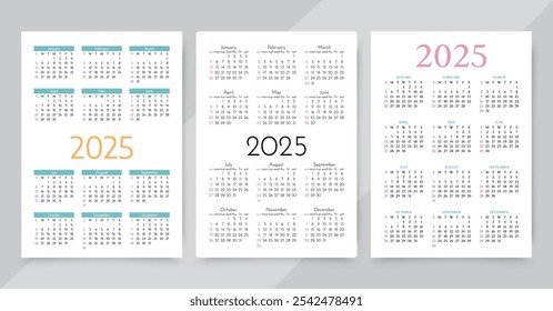 Calendario 2025 año. Plantilla anual del calendario. Establecer organizadores de bolsillo con 12 meses en Inglés. Diseño del programador en un diseño simple de color. Ilustración vectorial. La semana comienza el domingo. Orientación de retrato A4