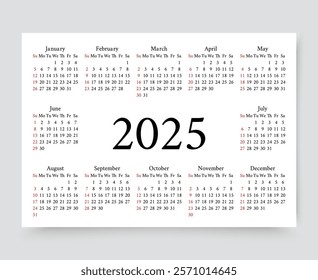 Calendar 2025 year. Yearly calender layout. Pocket organizer with 12 month in English. Scheduler grid template in simple design. Vector illustration. Week starts Sunday. Landscape orientation A4