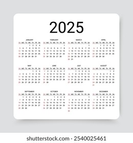 2025. Cuadrícula de calendario anual. La semana comienza el domingo. Plantilla del organizador con 12 meses. Diseño de calendario en diseño cuadrado simple en inglés. Ilustración vectorial. 