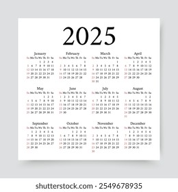 2025. Cuadrícula de calendario anual. Plantilla organizadora con 12 meses en inglés. La semana comienza el domingo. Diseño de calendario en diseño cuadrado simple. Ilustración vectorial.