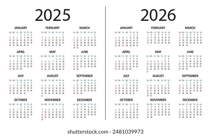 Calendar 2025 2025 years. Week starts on Sunday. Simple vector illustration