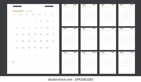 Calendar for 2025 yellow background. Corporate design planner template.