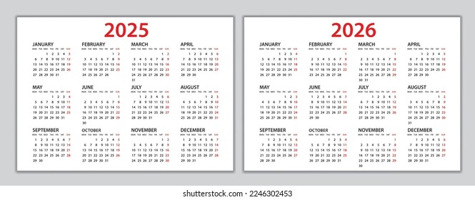 Calendar 2025-2026 template, Planner 2025-2026 year, Wall calendar 2025-2026 template, Week Starts Monday, Set of 12 calendar, advertisement, printing, organization and business, stationery, simple