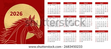 Calendar 2026. 12 months, starting from Sunday. Horizontal Red Calendar 2026 Chinese New Year of the Red Fire Horse Banner Template with Modern Line Art Golden Horse on Red Background