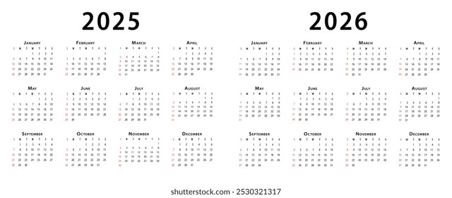 Calendario 2026, calendario 2025 inicio de semana Domingo Plantilla de planificador de diseño corporativo. Diseño de Vector totalmente editable
