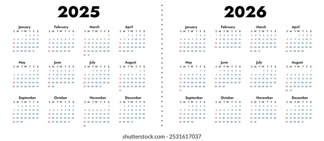 Calendario 2026, calendario 2025 inicio de semana Domingo Plantilla de planificador de diseño corporativo. Diseño de Vector
