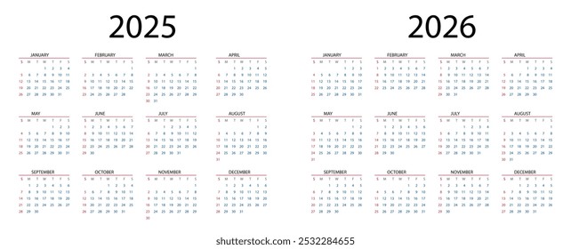 Calendar 2026, calendar 2025 week start Sunday corporate design planner template. Fully Editable Vector Design
